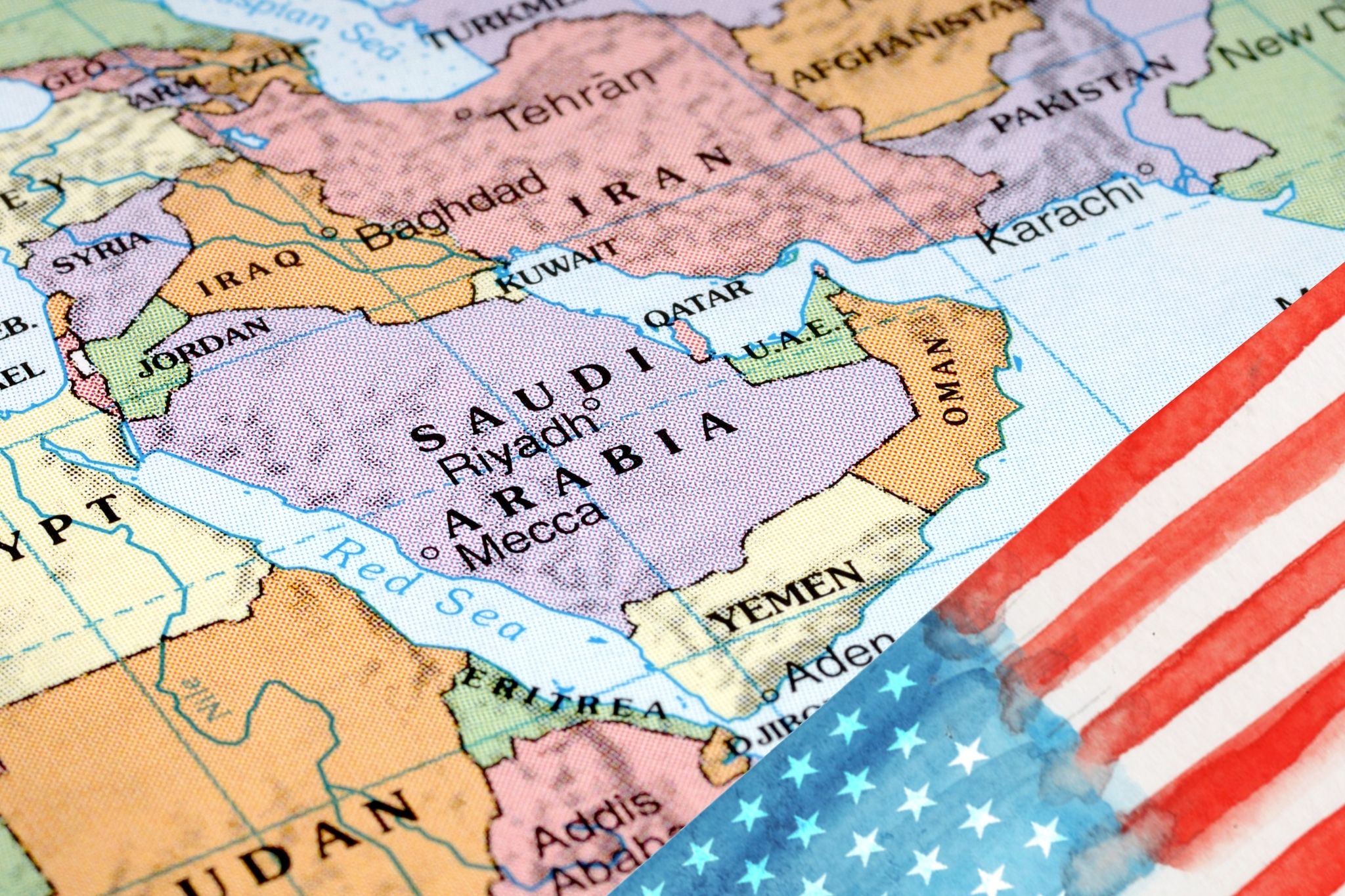 USA flag alongside map of Middle East